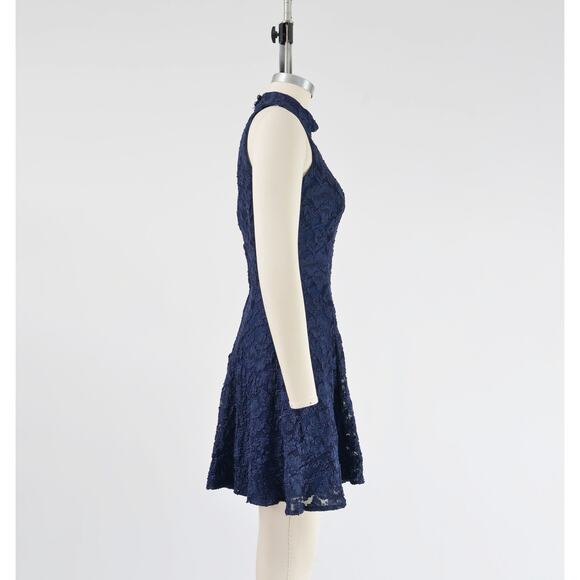 Vintage 90s Navy Lace Skater Dress Open Back Sleeveless Fit and Flare Mini XS - Picture 7 of 8